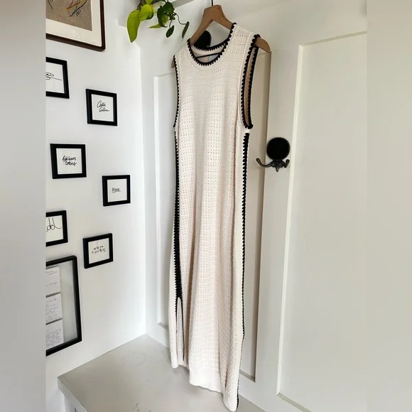 Varley Dwight Tank Knit Dress Cream Black Trim Cotton Midi Minimalist - Picture 9 of 12
